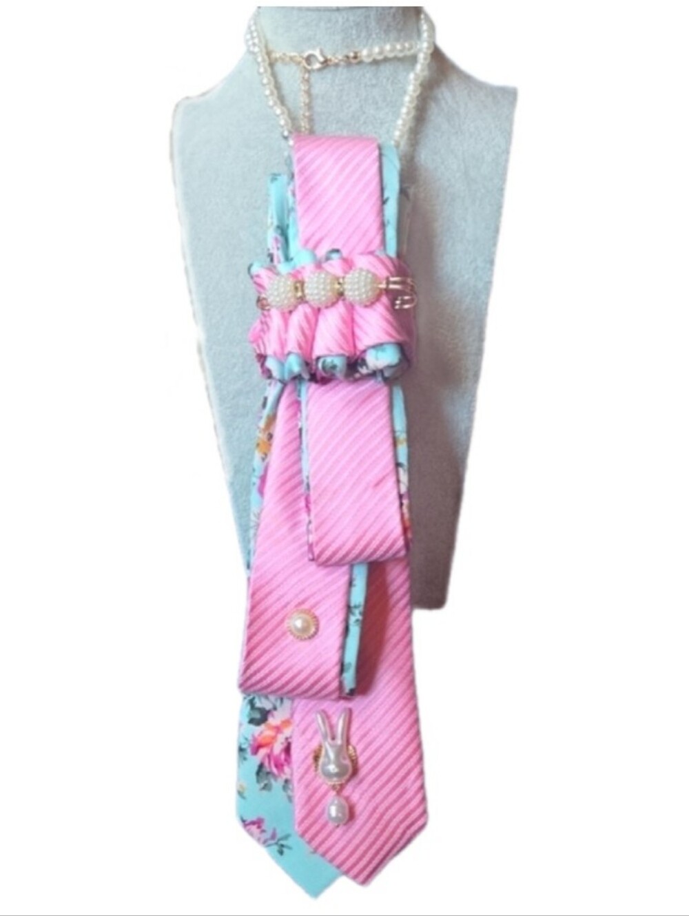 3/$60 Pink and Floral Folded Cravat with Pearl And Bunny Accents